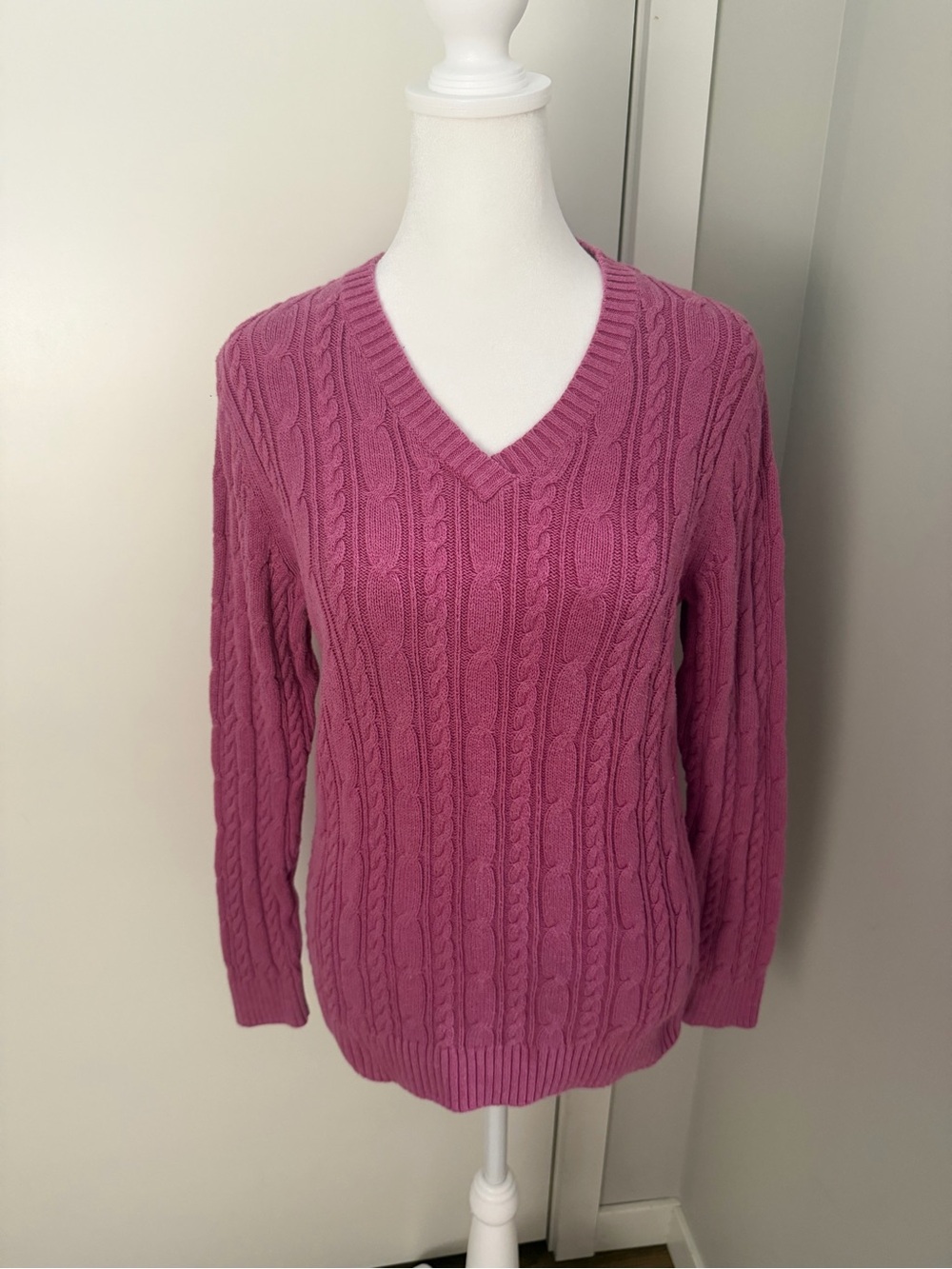 Pink Cable-Knit V-Neck Sweater